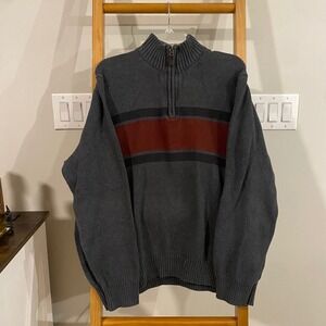Eddie Bauer Mens Quarter Zip Sweater Charcoal Red Stripe Knit Size XL Men